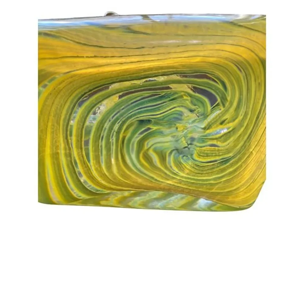 Handblown Glass Tote-Style Decorative Bag With Green & Yellow Swirl Design